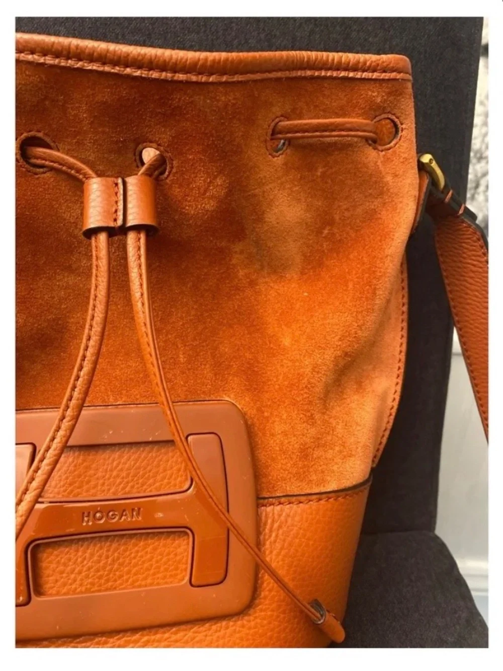 Hogan Hocket Suede Leather Bucket Bag Rust Orange Made in Italy